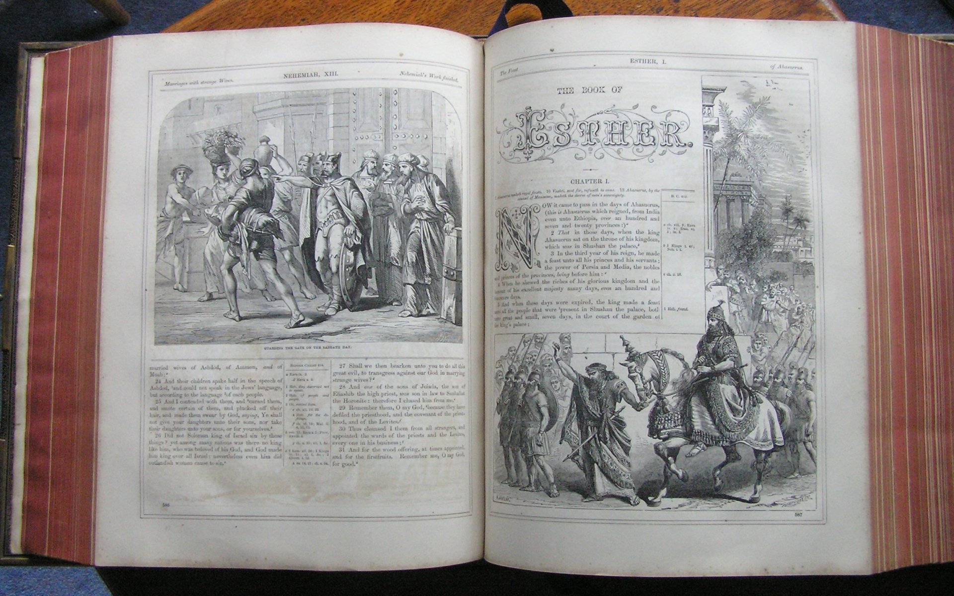 Open Bible showing detailed black and white religious illustrations and text about Esther, featured as an HD PC desktop wallpaper and background.