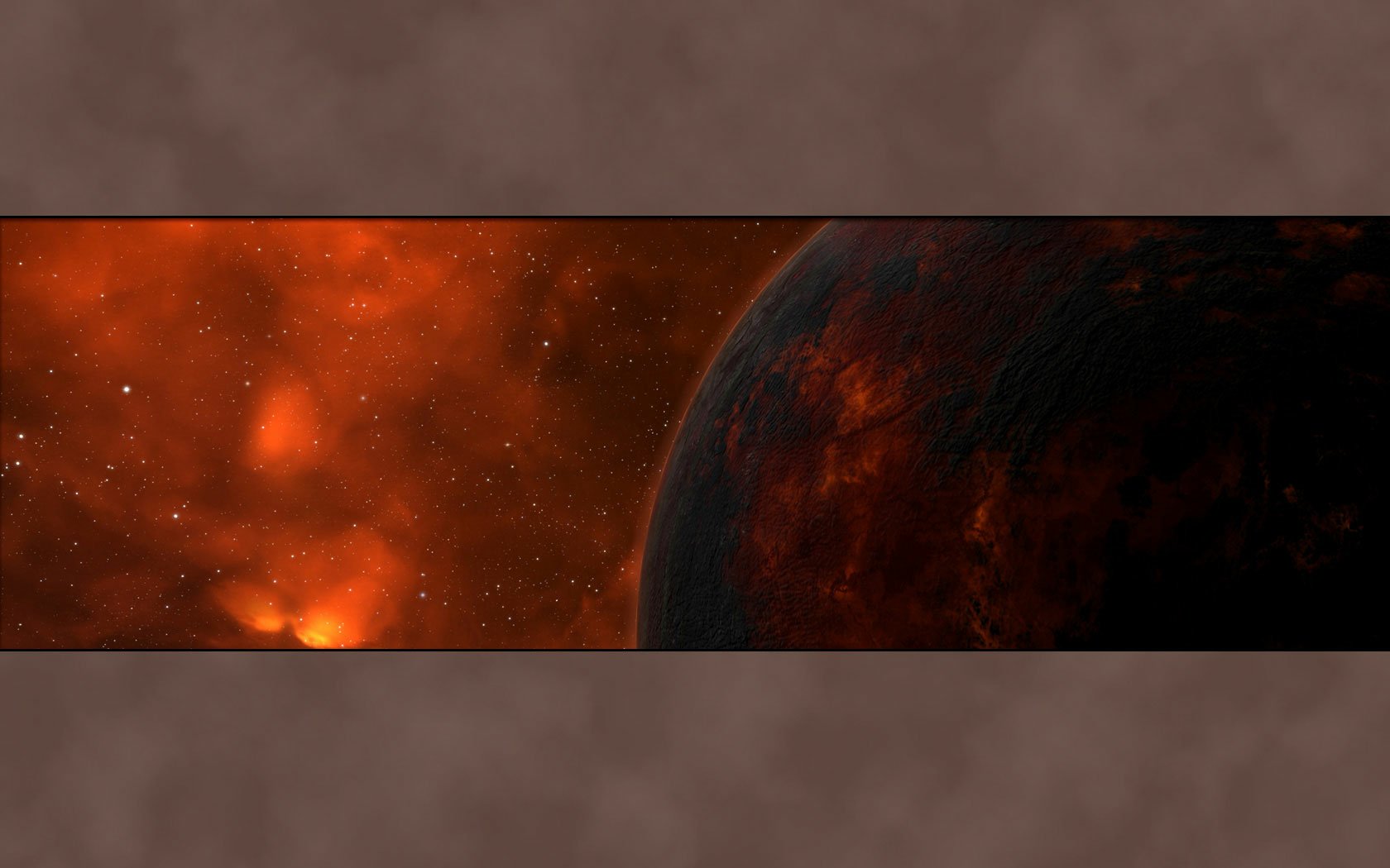 EVE Online video game HD PC desktop wallpaper and background — panoramic strip: a scorched planet on the right amid a fiery red-orange nebula dotted with stars.