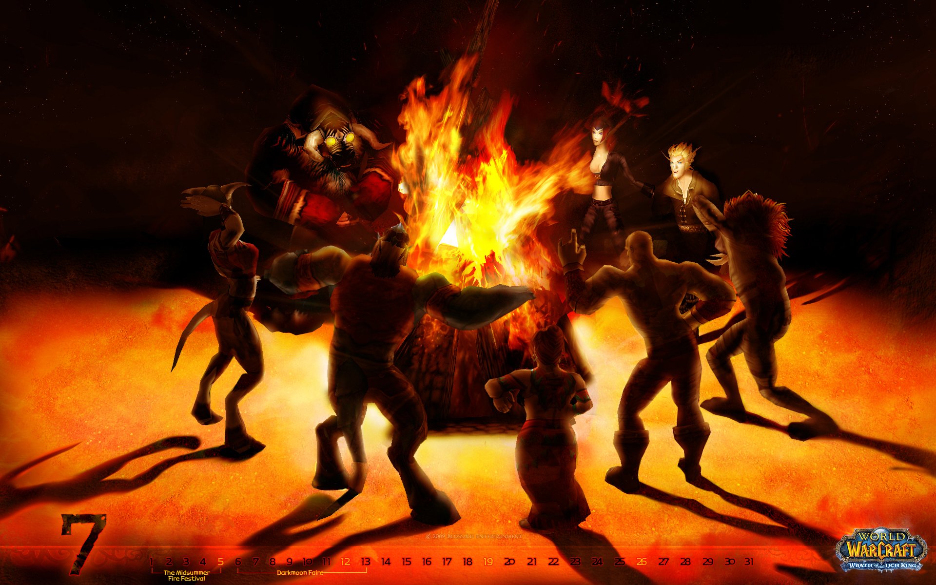 HD PC desktop wallpaper for World of Warcraft: Wrath of the Lich King — silhouetted adventurers dance around a blazing campfire, warm orange glow and WoW logo.