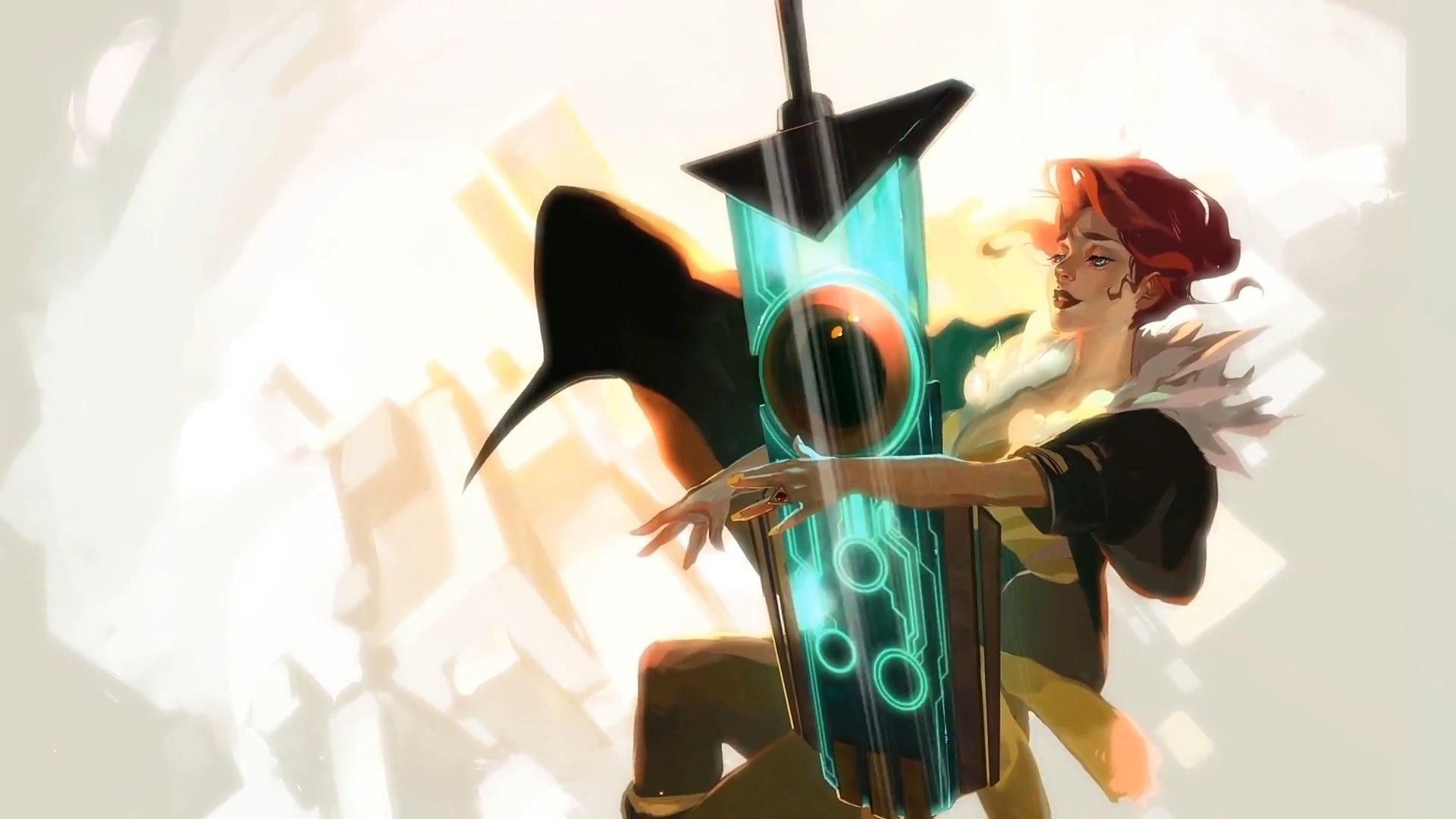 HD desktop wallpaper featuring an artistic representation of a person with a futuristic Transistor sword, set against a light backdrop.