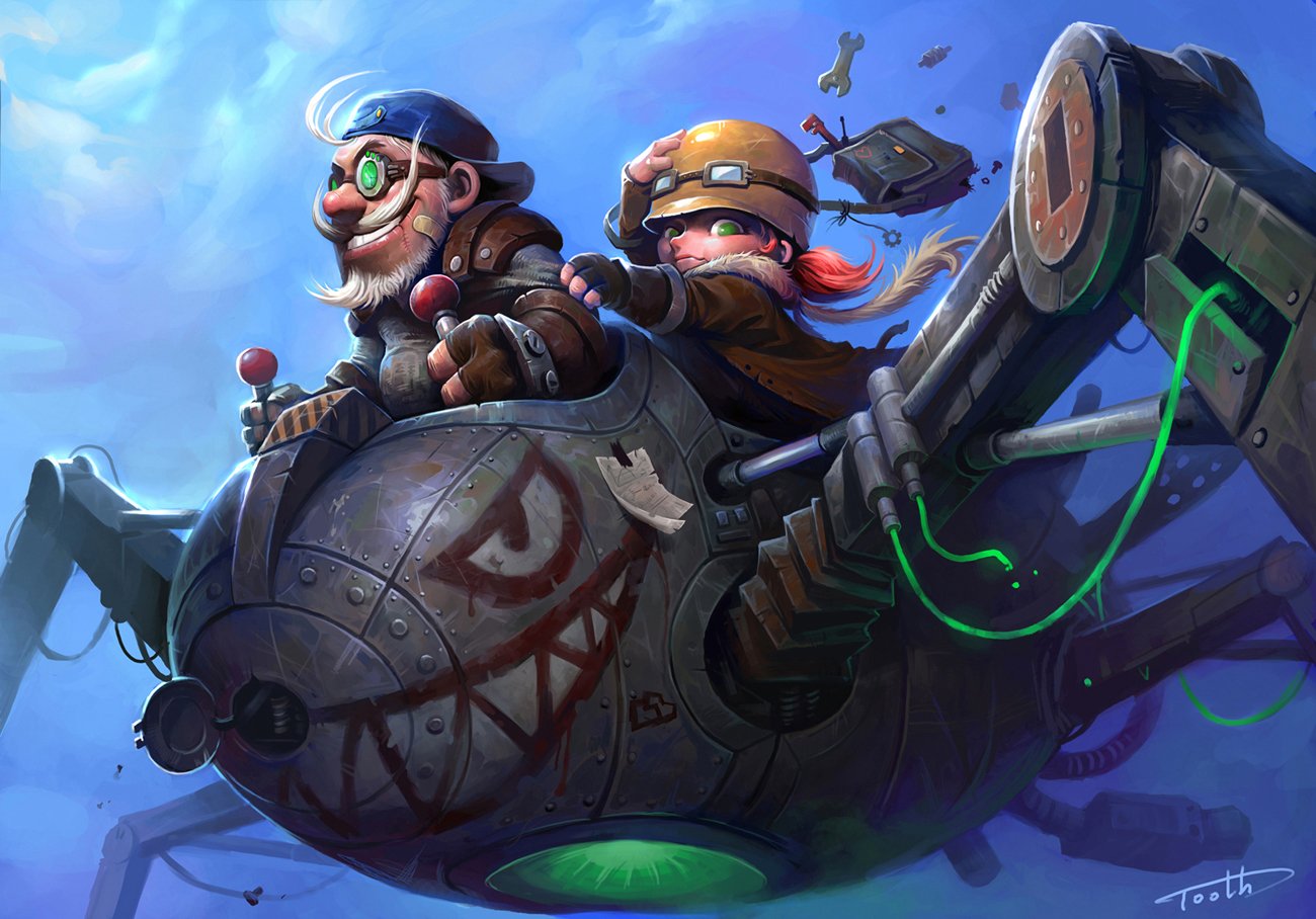 An engaging HD wallpaper from World of Warcraft, featuring two humorous gnomes piloting a whimsical mechanical spider, set against a vibrant sky.