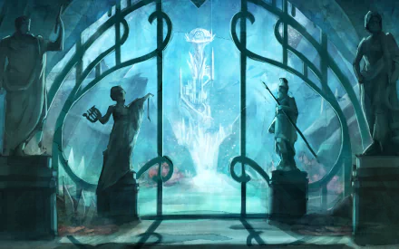 HD PC desktop wallpaper from the video game Child of Light, featuring a mystical gate flanked by statues with a glowing light in the background.