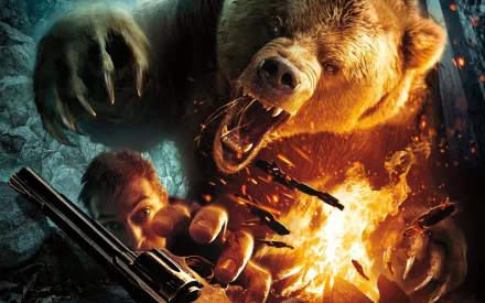 HD PC desktop wallpaper/background for the video game Cabela's Dangerous Hunts 2011: snarling bear lunges at a gun‑wielding hunter amid fire and flying debris.