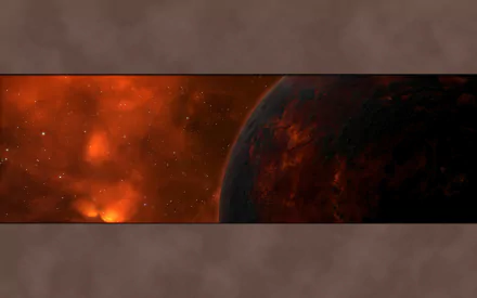 EVE Online video game HD PC desktop wallpaper and background — panoramic strip: a scorched planet on the right amid a fiery red-orange nebula dotted with stars.