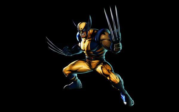An 8K Ultra HD wallpaper featuring Wolverine from the comics, showcasing the character in a dynamic pose with extended claws against a dark background.