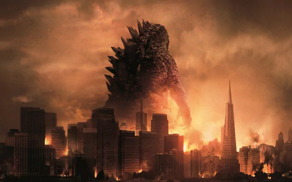 HD desktop wallpaper featuring Godzilla from the 2014 movie towering over a fiery cityscape at dusk.