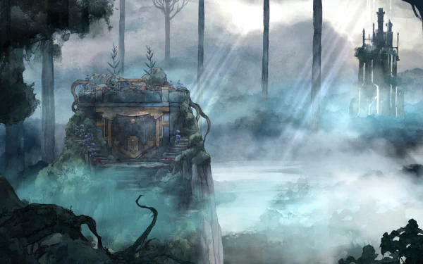 HD wallpaper from the game Child of Light featuring a misty fantasy landscape with ancient ruins and ethereal beams of light.
