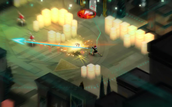 HD wallpaper of the video game Transistor, featuring a character in combat within a vibrant, stylized cityscape.