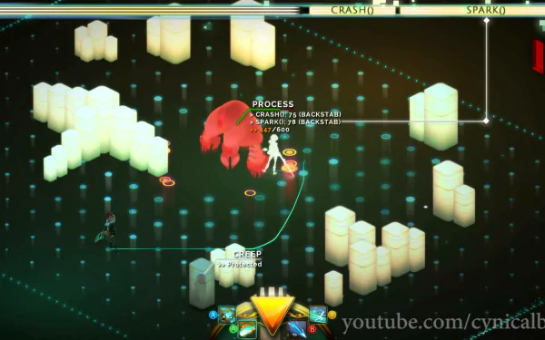HD desktop wallpaper featuring a scene from the video game Transistor with gameplay elements displayed.