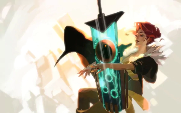 HD desktop wallpaper featuring an artistic representation of a person with a futuristic Transistor sword, set against a light backdrop.