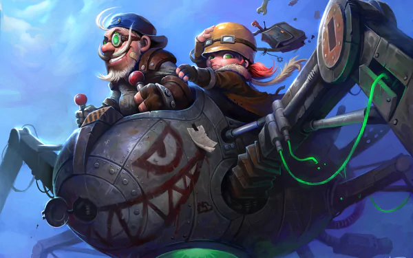 An engaging HD wallpaper from World of Warcraft, featuring two humorous gnomes piloting a whimsical mechanical spider, set against a vibrant sky.
