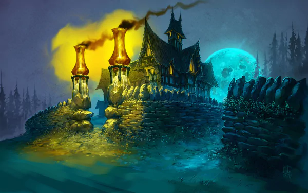 HD PC desktop wallpaper of the video game World of Warcraft: Cataclysm — eerie coastal fortress glowing green-yellow beneath a blue full moon, shrouded in fog and jagged rocks.