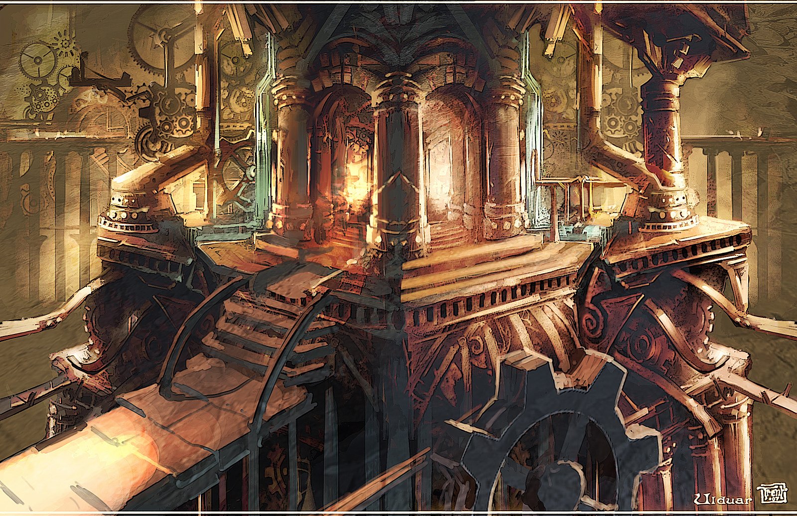 Ornate mechanical fortress with giant gears, brass staircases and a glowing portal — World of Warcraft video game HD PC desktop wallpaper (World of Warcraft: Wrath of the Lich King).