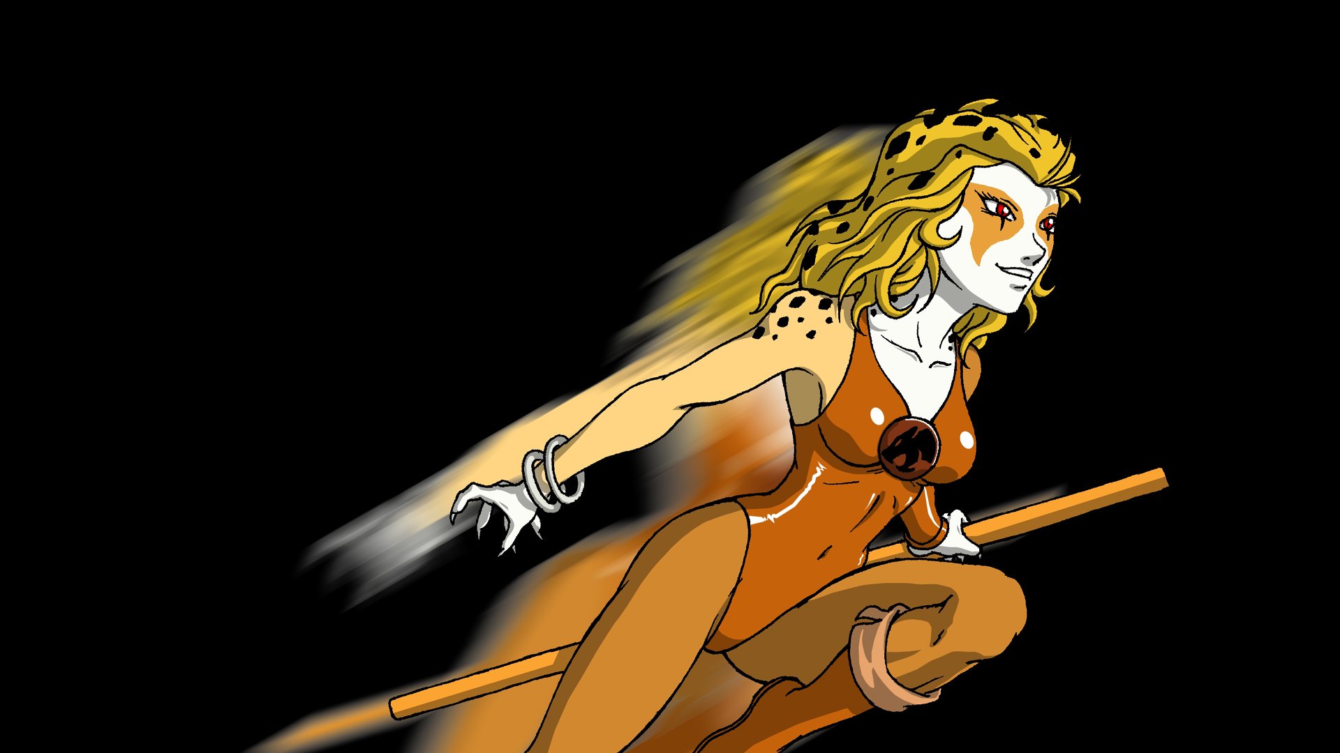 HD PC desktop wallpaper featuring Cheetara from the 1985 TV show Thundercats in an action pose against a black background.