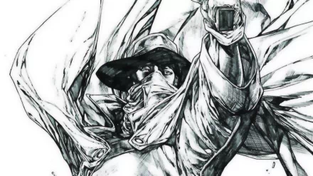 Black-and-white comic-style HD PC desktop wallpaper of The Shadow: cloaked figure in fedora and billowing scarf, face partly hidden, arm raised in a dramatic ink sketch.