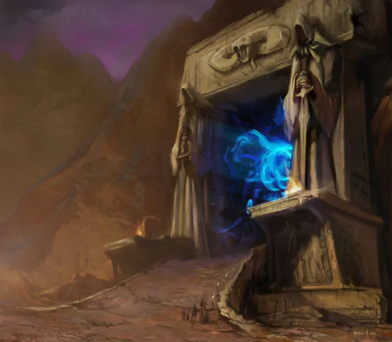 HD PC desktop wallpaper from World of Warcraft: The Burning Crusade, featuring a mystical blue spirit emerging from an ancient stone structure in a rugged landscape.