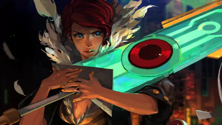HD PC desktop wallpaper featuring the video game Transistor, showing a determined character holding a large, glowing sword-like weapon.