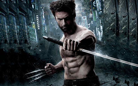 A dramatic HD wallpaper featuring Wolverine from the movie The Wolverine, showcasing a muscular figure wielding claws and a sword amidst an urban backdrop.