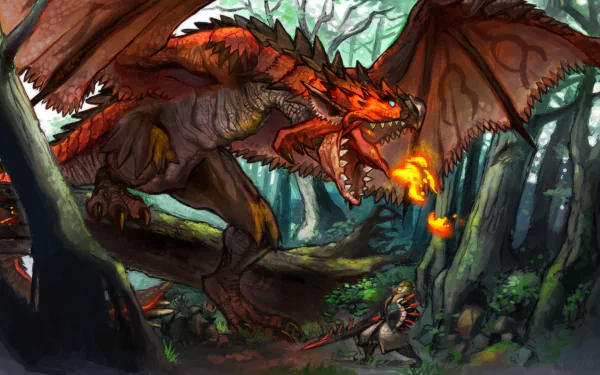 HD PC desktop wallpaper from the video game Monster Hunter, depicting a fierce red dragon breathing fire at a lone warrior in a dense forest.