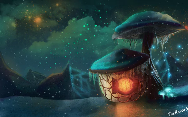 A vibrant HD wallpaper from The Elder Scrolls III: Morrowind, depicting a whimsical mushroom-shaped house under a starry sky, capturing the enchanting atmosphere of the game.