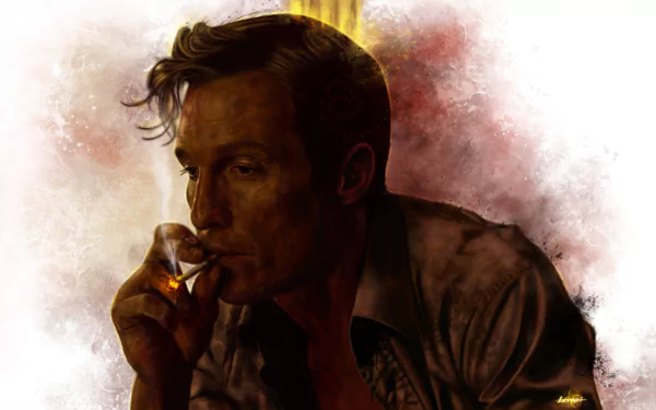 A dramatic HD wallpaper featuring Matthew McConaughey from the TV show True Detective, capturing a contemplative moment with a cigarette against a textured, expressive background.