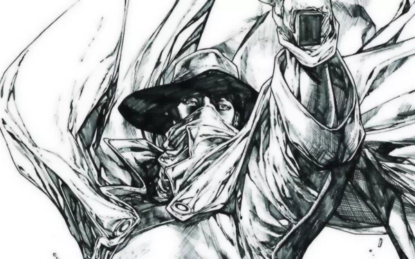 Black-and-white comic-style HD PC desktop wallpaper of The Shadow: cloaked figure in fedora and billowing scarf, face partly hidden, arm raised in a dramatic ink sketch.