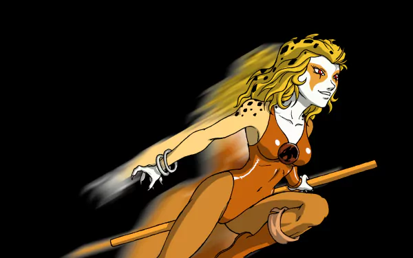 HD PC desktop wallpaper featuring Cheetara from the 1985 TV show Thundercats in an action pose against a black background.