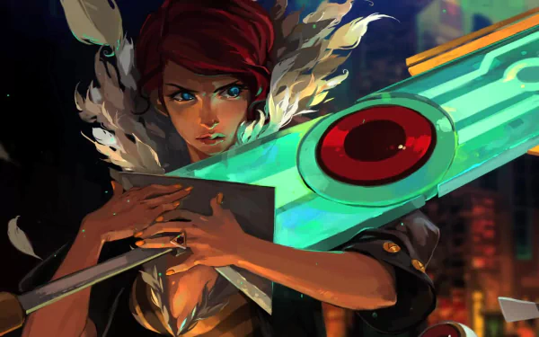HD PC desktop wallpaper featuring the video game Transistor, showing a determined character holding a large, glowing sword-like weapon.