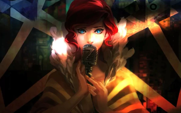 A captivating HD wallpaper featuring Red from the video game Transistor, with striking red hair and blue eyes, holding a vintage microphone against a colorful, abstract background.