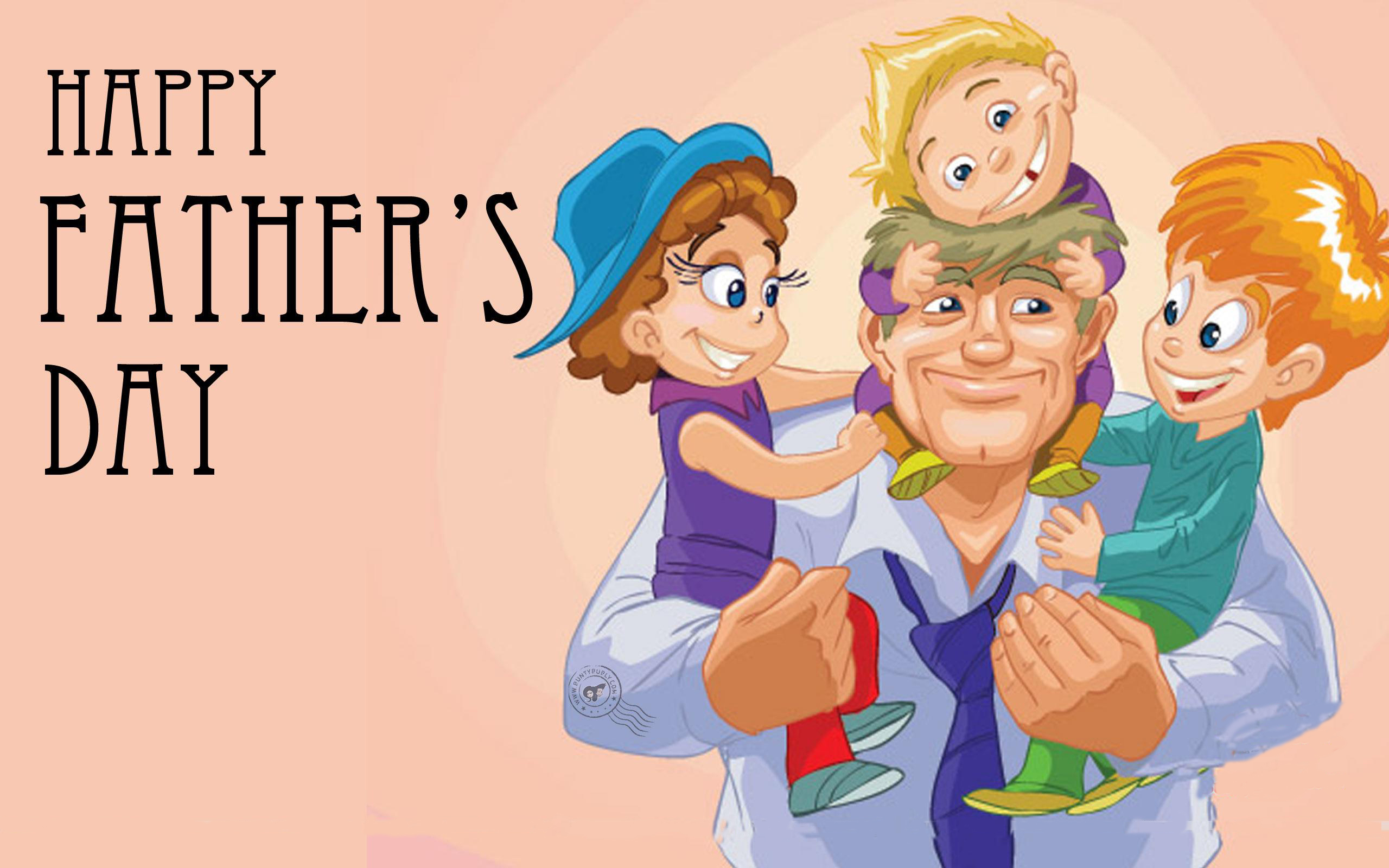 HD Father's Day desktop wallpaper featuring a joyful cartoon dad with three kids hugging him and the text Happy Father's Day.