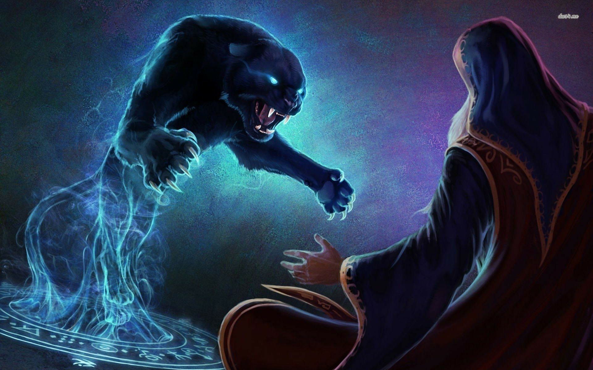A mystical black panther with glowing blue energy emerges from a magical circle toward a cloaked figure, set in a vivid fantasy scene for HD PC desktop wallpaper.