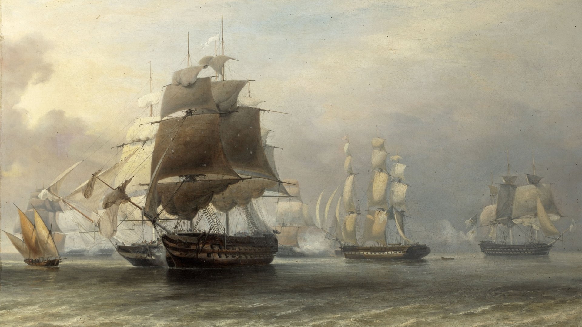 4K Ultra HD desktop wallpaper featuring multiple historic sailing ships on calm waters under a cloudy sky, showcasing detailed maritime vessels.