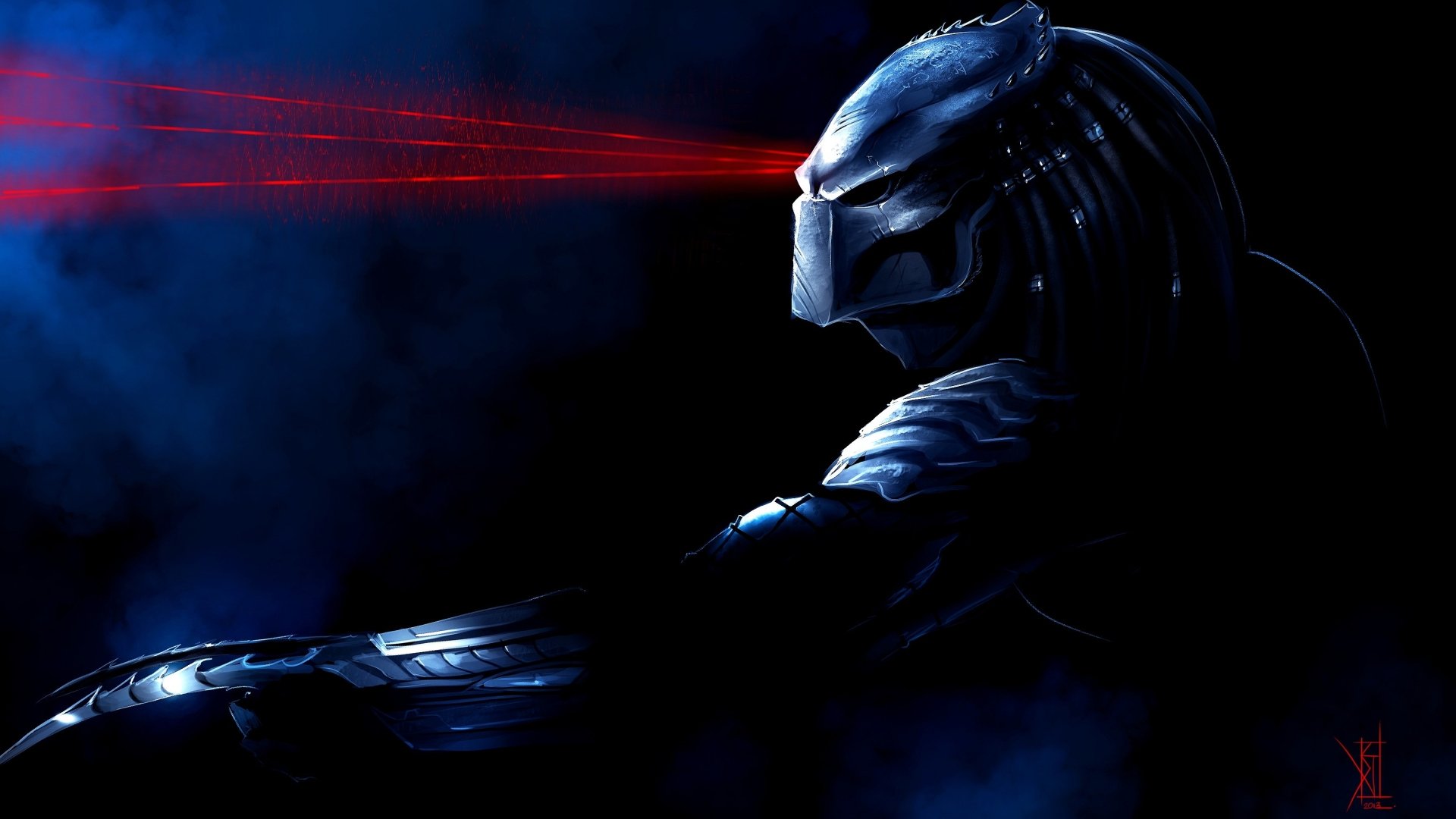 A dramatic sci-fi wallpaper featuring a menacing Predator character, with futuristic armor and piercing red lasers cutting through a dark, atmospheric background.