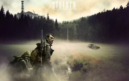 A dramatic HD wallpaper featuring characters from the video game S.T.A.L.K.E.R., set in a misty landscape with a ruined car and a power plant in the background.