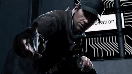 HD PC desktop wallpaper featuring Aiden Pearce from the video game Watch Dogs reaching forward in a dark, tech-themed environment.
