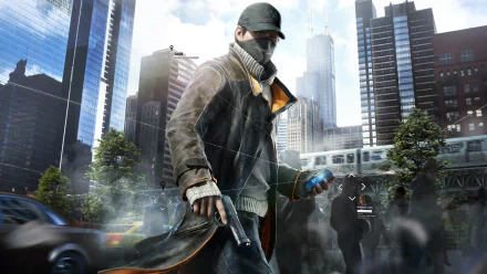 HD desktop wallpaper of Aiden Pearce from the video game Watch Dogs. Aiden, holding a smartphone and a pistol, walks through a bustling city backdrop with skyscrapers and people in the background.