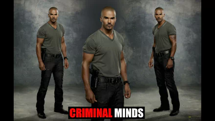 A high-definition desktop wallpaper featuring a character from the TV show Criminal Minds, showcasing a strong figure in a casual outfit against a textured background.