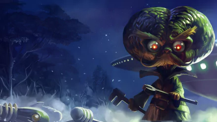 HD League of Legends PC desktop wallpaper featuring Heimerdinger, the inventive yordle champion, set against a dark, misty forest background.