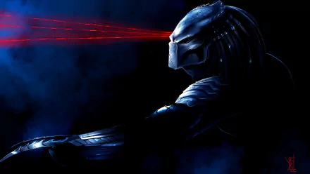 A dramatic sci-fi wallpaper featuring a menacing Predator character, with futuristic armor and piercing red lasers cutting through a dark, atmospheric background.
