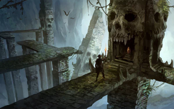 HD fantasy Dungeons & Dragons desktop wallpaper depicting a lone adventurer approaching a massive, skull-shaped stone entrance in a misty, ancient ruin.
