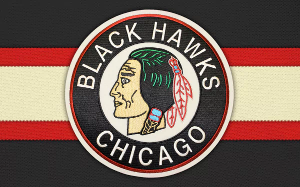 HD desktop wallpaper featuring the Chicago Blackhawks logo with a black background and red and beige stripes.