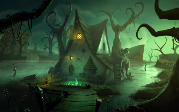 HD wallpaper of a fantasy swamp scene with a whimsical house, eerie trees, and a glowing crystal near a wooden path. The Halloween ambiance enhances the mysterious and magical atmosphere.