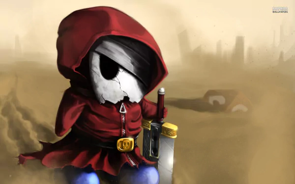 HD desktop wallpaper featuring an artistic depiction of Shy Guy from the Mario series, set against a misty backdrop with Mario-themed elements.