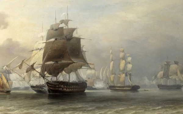 4K Ultra HD desktop wallpaper featuring multiple historic sailing ships on calm waters under a cloudy sky, showcasing detailed maritime vessels.