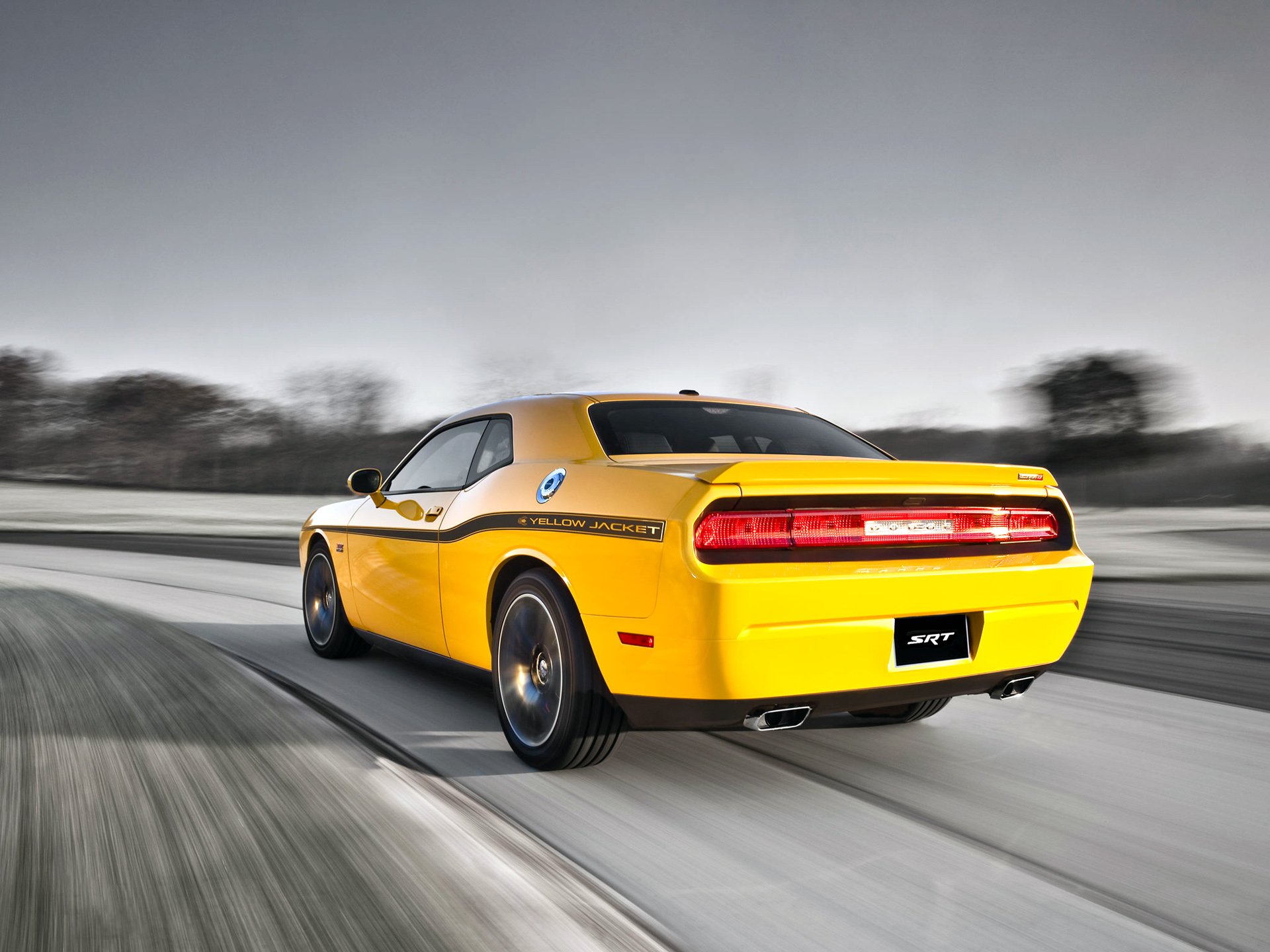 Yellow Dodge Challenger SRT8 392 muscle vehicle (Dodge Challenger) racing on a blurred road - HD PC desktop wallpaper and background
