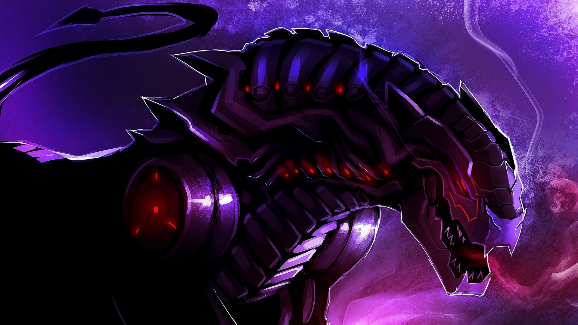 HD PC desktop wallpaper featuring a futuristic sci-fi robot with glowing red eyes and intricate armor against a dark purple, cosmic background.