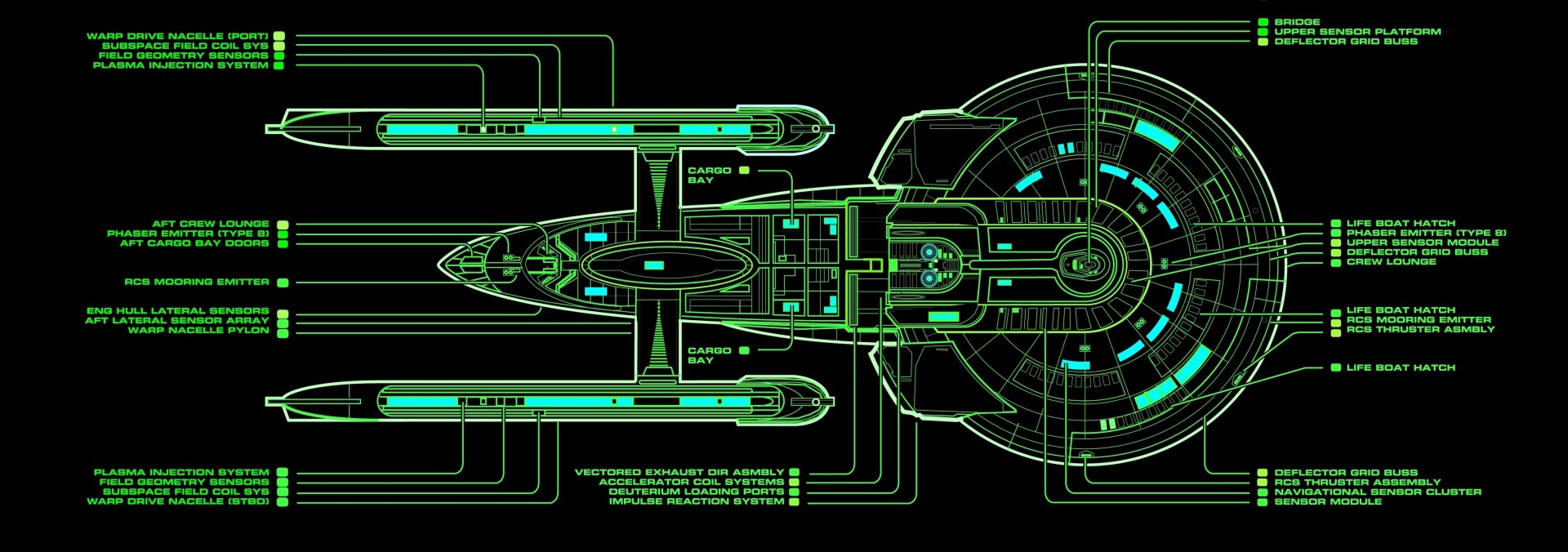 HD PC desktop wallpaper featuring a detailed, neon green schematic of a Star Trek sci-fi starship on a black background.