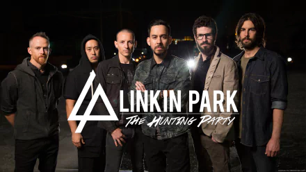 HD desktop wallpaper featuring the band Linkin Park, showcasing a group photo with the band's name and The Hunting Party text overlay.