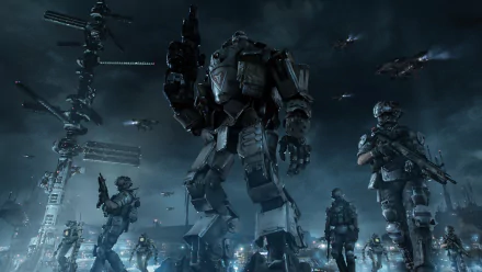 A dramatic HD wallpaper from the video game Titanfall, featuring towering mechs and soldiers amidst a dark, action-packed urban landscape with futuristic technology.