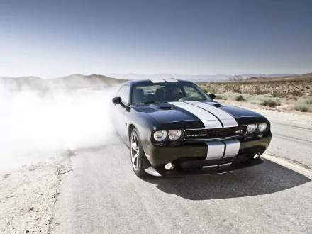 Black Dodge Challenger SRT8 392 with white racing stripes kicking up dust on a desert road — HD PC desktop wallpaper of the vehicle.